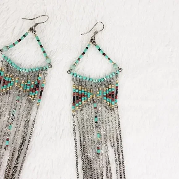 Beaded Earrings Boho Hand Crafted Chain Beads Fringe Long Dangle Turquoise - Picture 2 of 4